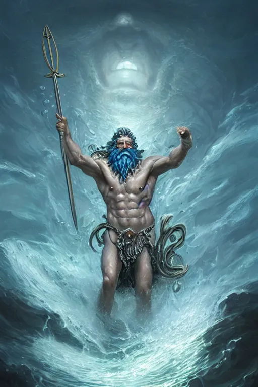 Image similar to poseidon humanoid god of the sea, trident, highly detailed, d & d, fantasy, highly detailed, digital painting, trending on artstation, concept art, sharp focus, illustration, art by artgerm and greg rutkowski and magali villeneuve