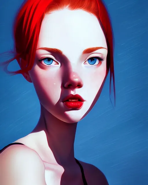 Image similar to a detailed portrait of a cute!!!! woman with red hair and freckles by ilya kuvshinov, digital art, dramatic lighting, dramatic angle