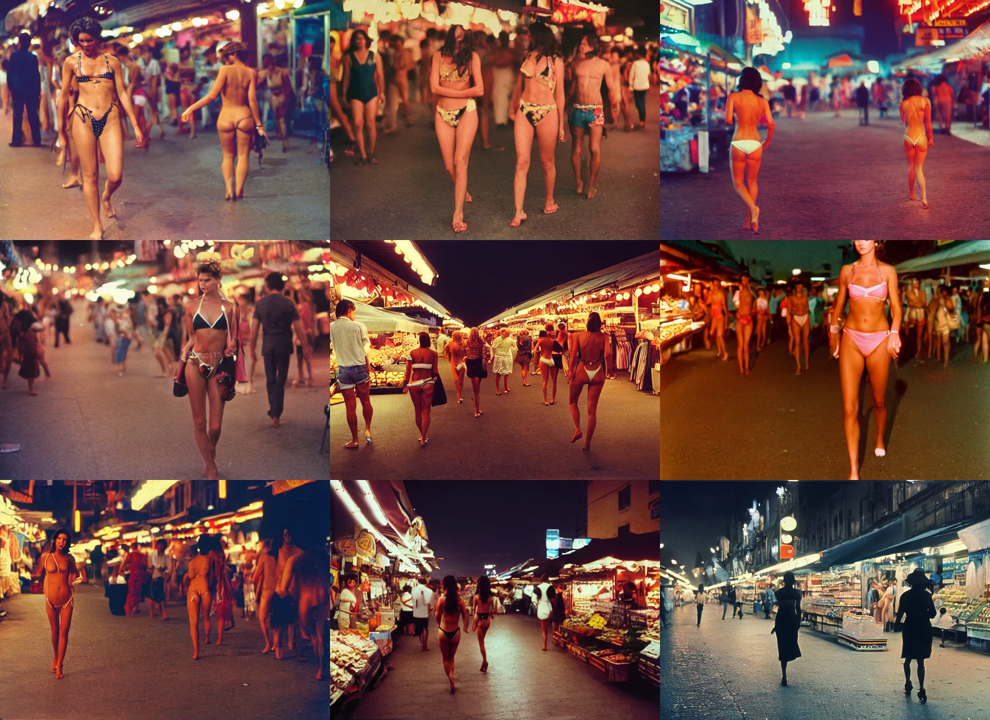 Prompt: color photograph portrait of a beautiful lady in bikini walking in the market, many people, night, summer, dramatic lighting, 1 9 9 0 photo from live magazine.