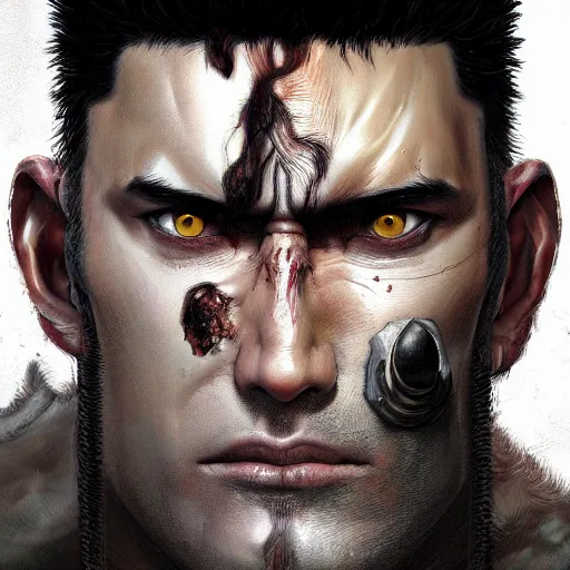 Image similar to photorealistic shockingly amazing portrait of guts from berserk extremely detailed, made by wlop and maxwell boas