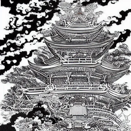 Image similar to a giant mystical temple in the middle of a rainforest, beautiful brushlines, japanese ink