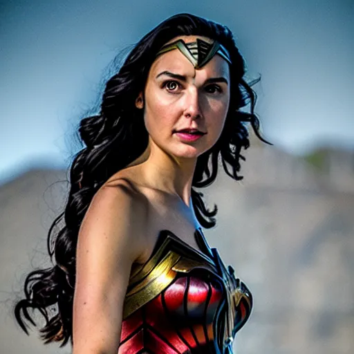 Prompt: Still of Gal Gadot as Wonder Woman, 50% Mediterranean, stunning closeup, 35mm F/1.2