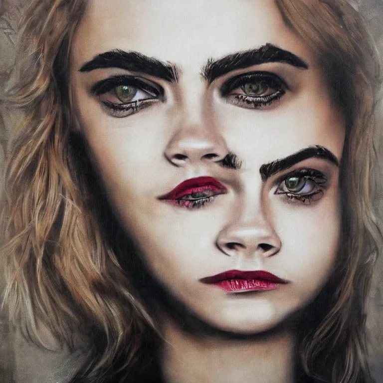 Prompt: Street-art portrait of Cara Delevingne in style of Banksy, photorealism, elegan woman, smiling, clear eyes