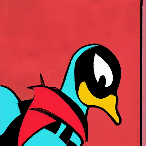 Prompt: An anthropomorphic duck wears a black superhero costume with a black mask and a red cape. Comic book style