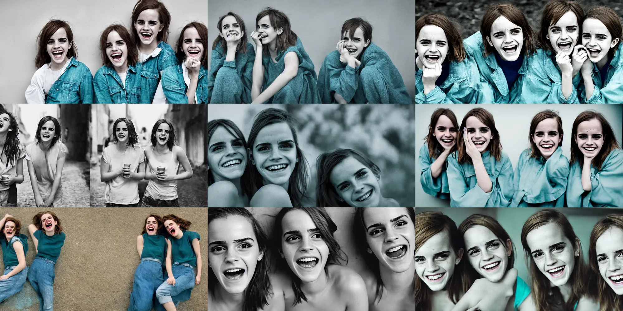 Prompt: portrait emma watson identical twins laughing greg rutkowski james gurney david bailey corinne day canon fujifilm sony alpha nikon pale green and blue