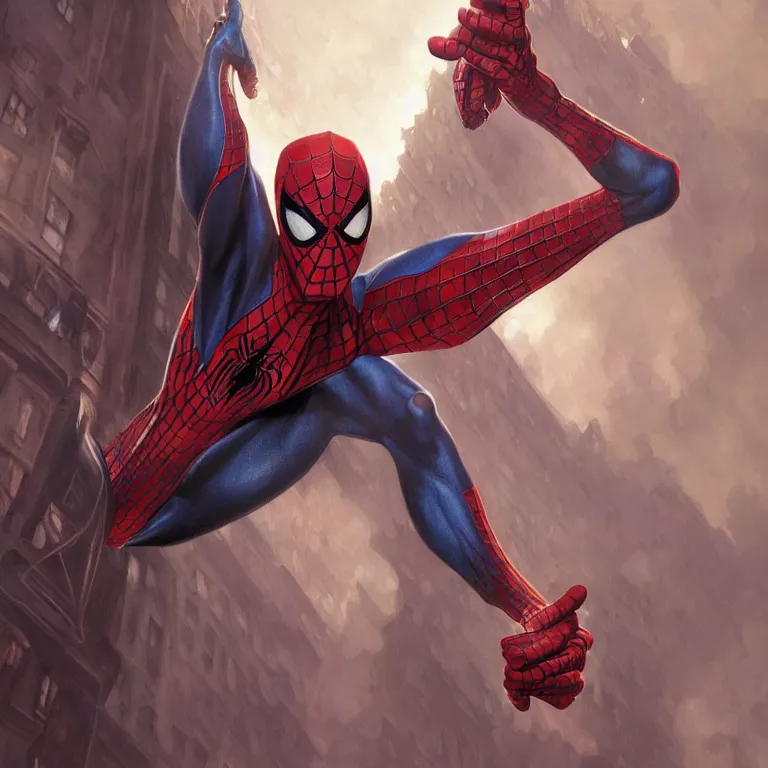 Image similar to portrait of spiderman, D&D, fantasy, highly detailed, digital painting, artstation, smooth, sharp focus, illustration, art by artgerm and greg rutkowski and alphonse mucha