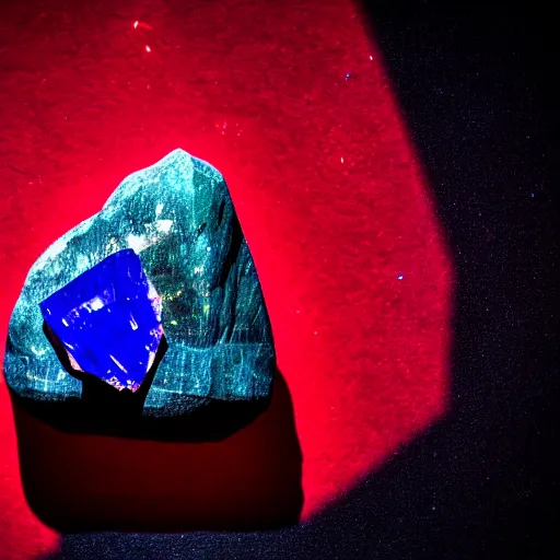 Image similar to a mineral rock, in a dark studio room. Photography of rare minerals. Tanzanite, Red Beryl, Bixbite, Red Emerald, Scarlet Emerald, Opal, Quartz, Elbaite, Calcite, Kunzite. in the style of artgerm.