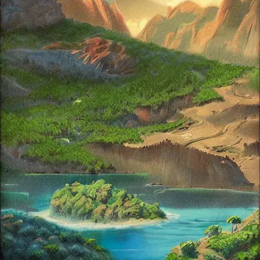 Image similar to painting of a lush natural scene on an alien planet by rafaello ossola. beautiful landscape. weird vegetation. cliffs and water. trending on artstation.