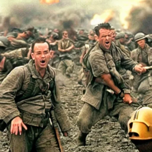 Prompt: movie still from saving private ryan except they are fighting giant minions
