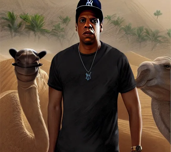 Prompt: portrait of jay - z wearing a yankee baseball hat and a black t - shirt, standing next to a camel, sand desert fantasy, matte painting, highly detailed, art by artgerm, artstation