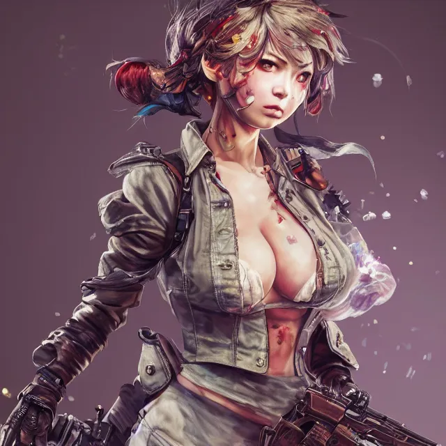 Prompt: the portrait of chaotic neutral colorful female gunner assassin as absurdly beautiful, gorgeous, elegant, playful, realistic young gravure idol, an ultrafine hyperdetailed illustration by kim jung gi, detailed faces, sharp focus, intricate linework, octopath traveler, unreal engine highly rendered, global illumination, radiant light, detailed and intricate environment