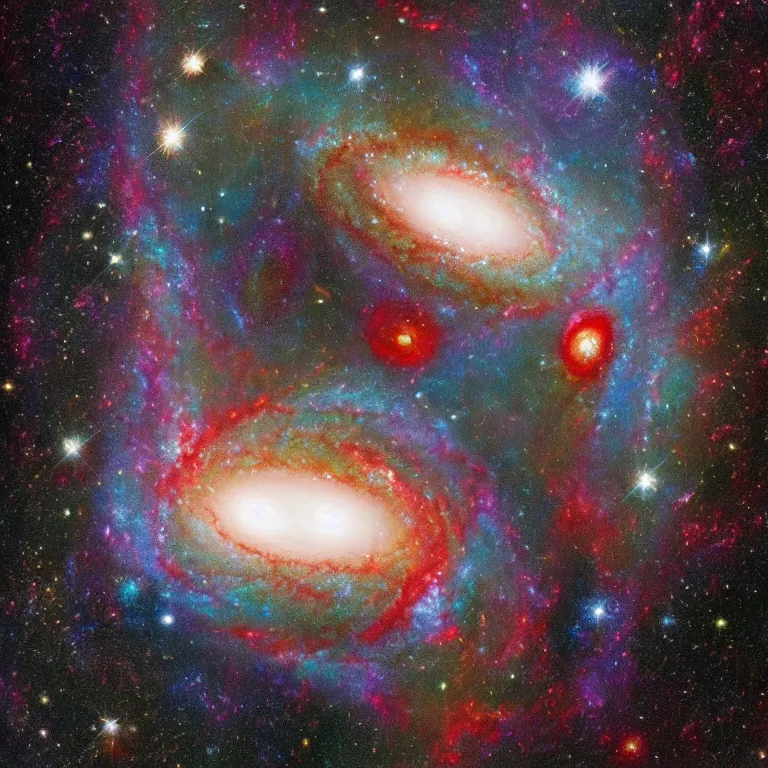 Image similar to an extremely detailed picture of two galaxies fusion, photorealism, fine details,