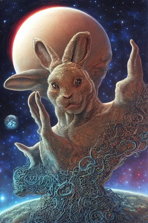 Image similar to a giant humanoid space rabbit. art by tomasz alen kopera and glenn fabry.