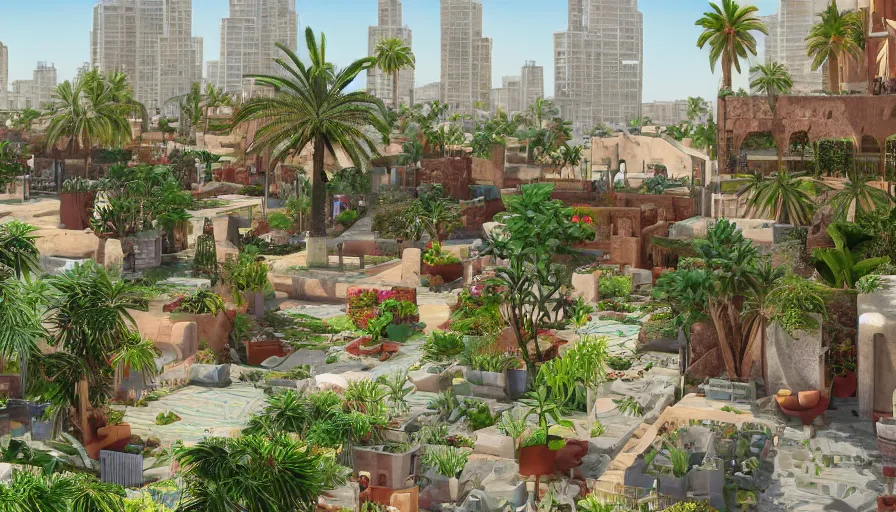 Image similar to arabic city with rooftop gardens, flowers, palms, artstation