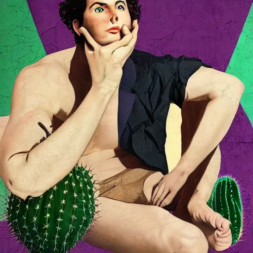 Prompt: Collage art, Young Spanish man, Art by Joshua Middleton, socks, Rene Magritte, underpants, Morrocan tiles, half a lime, cactus, succulent plants Chalk white skin, deep purple hair, Green eyes, Orange background, Mucha, Portrait of the man, surreal, ,carbon black and antique gold