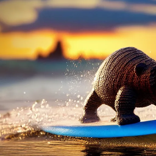 Image similar to a closeup photorealistic photograph of a cute smiling knitted tiger hippopotamus riding an epic wave at sunset. surf in the background. professional capture. brightly lit scene. this 4 k hd image is trending on artstation, featured on behance, well - rendered, extra crisp, features intricate detail, epic composition and the style of unreal engine.