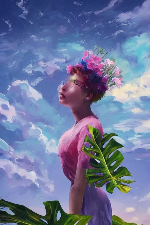 Prompt: closeup, girl with giant flower head, monsteras overhead, surreal photography, wind and cold, dramatic sky, impressionist painting, digital painting, artstation, simon stalenhag