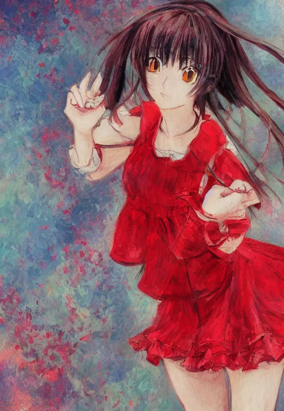 Image similar to macro portrait of a teenage girl, a cute red outfit, tokyo anime scene, very anime in impressionist style, anime trending artwork, anime painter studio, by claude monet