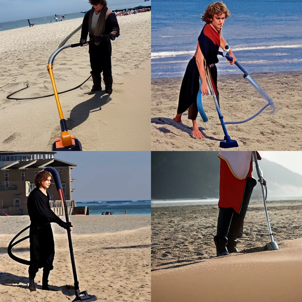Prompt: Anakin Skywalker vacuuming the beach to remove sand