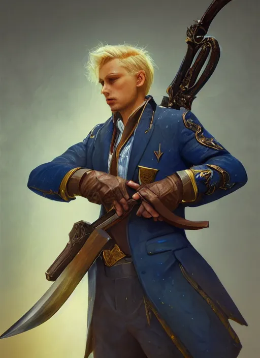 Image similar to portrait of a man in a blue suit with blond hair holding a sword and pistol in holster, fantasy, d & d, heartstone, digital painting, volumetric light, intricate, sharp, focus, bloom, illustration, highly detailed, concept art, matte, ruan jia, randy vargas, greg rutkowski