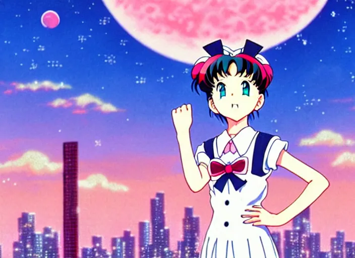 Prompt: anime fine details portrait of joyful school girl Sailor Moon stay in front of big post soviet city buildings, nature, pink sunset, deep bokeh, close-up, anime masterpiece by Studio Ghibli. 8k, sharp high quality classic anime from 2000 in style of Hayao Miyazaki, synthwave