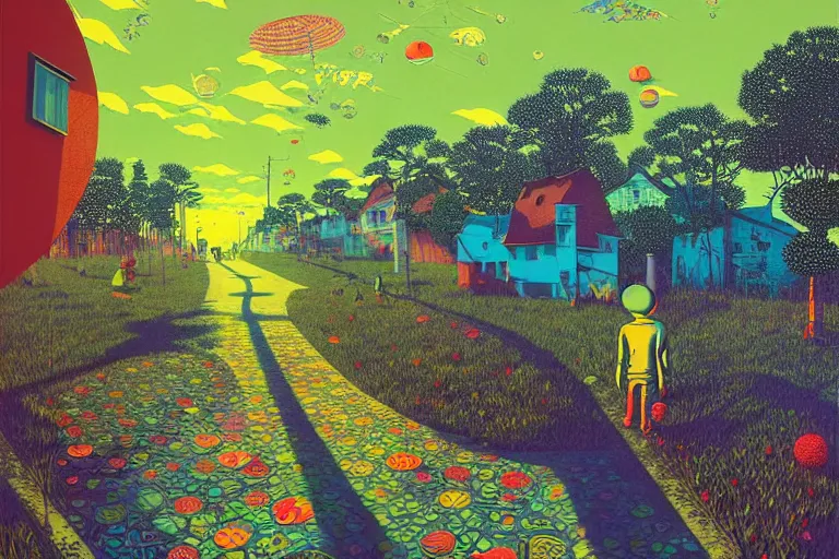 Image similar to surreal glimpse into other universe, jalan - jalan cari makan, summer morning, very coherent and colorful high contrast, art by!!!! gediminas pranckevicius!!!!, geof darrow, floralpunk screen printing woodblock, dark shadows, hard lighting, stipple brush technique,