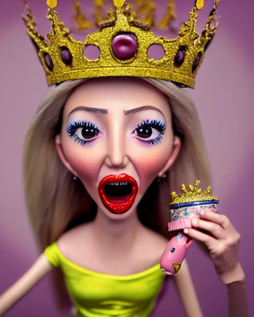 Image similar to closeup profile portrait of a tin toy ivanka trump screaming as a fairytale princess wearing a crown and eating cakes, bikini, hyper realistic, artstation, illustration, nicoletta ceccoli, mark ryden, lostfish, max fleischer, digital paint, matte paint, vivid colors, bright, cheerful, detailed and intricate environment