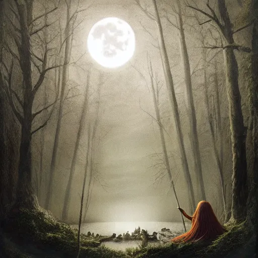 Image similar to highly realistic scenic painting of a towering misty dark fantasy forest surrounding a pond, a rusalka sits on the roots of an ancient tree looking up at the moon, spooky fog, looming trees, scary forest, midnight, dark, fantasy painting hd