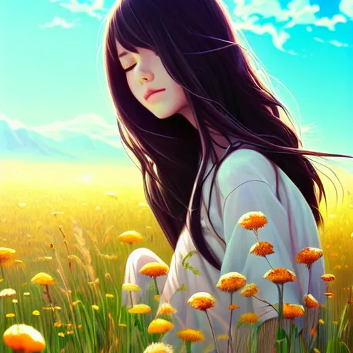 Image similar to a beautiful girl with long dark hair, sitting in a field of flowers, sunny, daytime, sharp focus, intricate, digital painting, artstation, official media, anime key visual, highly detailed, rich vivid colors, ambient lighting, illustration, art by Artgerm, Makoto Shinkai, Ilya Kuvshinov, Lois Van Baarle, and Rossdraws