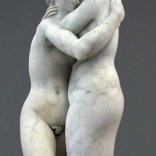 Image similar to sculpture of venus de milo and aphrodite hugging each other, hyperrealistic style in carrara marble