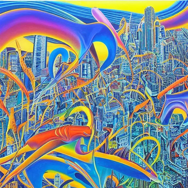 Prompt: very beautiful urban landscape painted by Alex Grey