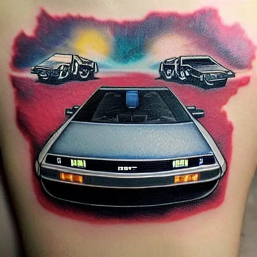 Image similar to a tatoo of delorean from back to the future,