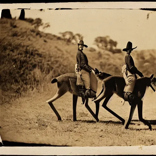 Image similar to kangaroo and wallaby cowboys, riding into a small town on horses, 1 8 6 0 s, photo