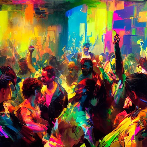 Prompt: portrait of young people dancing, ecstatic, wonderfull techno party, bright vibrant colors, utopia, by by greg rutkowski, by jeremy mann, by francoise nielly