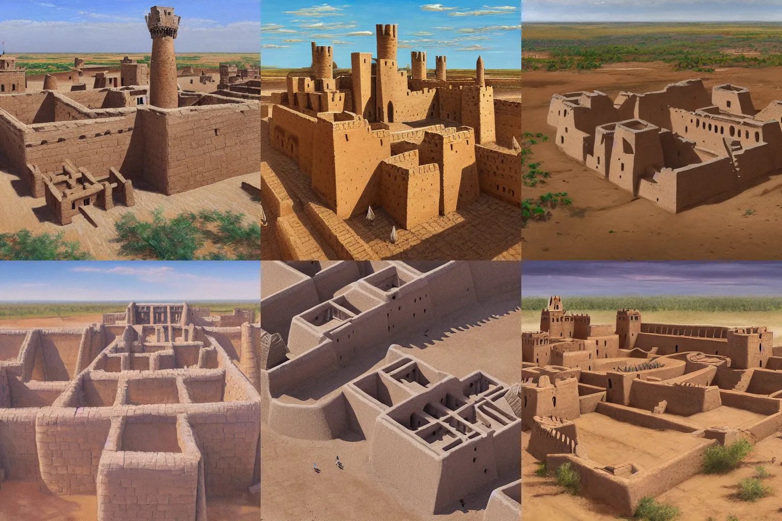 Prompt: High-quality realist painting of an old West African castle made of mud bricks, Timbuktu, aerial view, very detailed, peaceful, digital art.