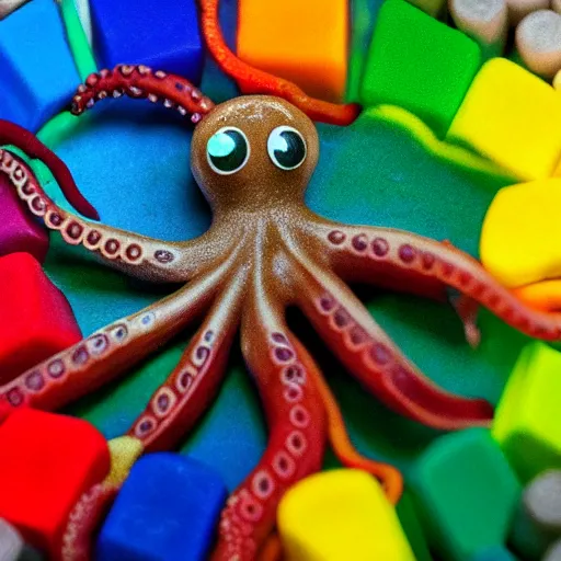 Image similar to octopus made of crayons, 8 k macro photo with dark lighting