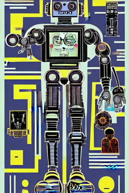 Image similar to a diagram of a robot body with various parts, cyberpunk art by eduardo paolozzi, behance contest winner, computer art, greeble, steampunk, poster art, james turrell, robert rauschenberg, andy warhol, pop art, czechoslovakia, surrealism, milton glaser, graphic design