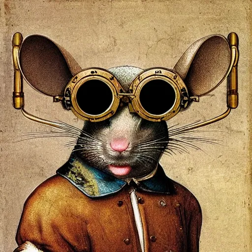 Image similar to a rat with steampunk googles, by Leonardo DaVinci