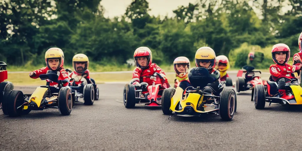 Prompt: photos of toddlers dressed as formula one drivers at a go - kart race, in the style of national geographic, soft focus, golden hour