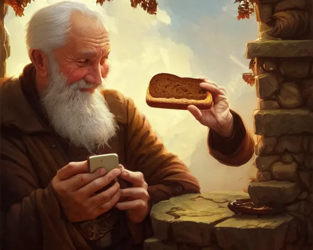 Image similar to an old man taking a selfie with a loaf of bread, deep focus, d & d, fantasy, intricate, elegant, highly detailed, digital painting, artstation, concept art, matte, sharp focus, illustration, hearthstone, art by artgerm and greg rutkowski and alphonse mucha