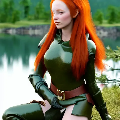 Prompt: beautiful female redhead elf warrior wearing olive green leather and a bow and quiver on her back, sitting next to a beautiful lake at sunset, enjoying the wind, looking at the water. 8 k ultra realistic, award winning, unreal engine 5, masterpiece, atmosphere glow, hyperrealistic, focused, extreme details, cinematic