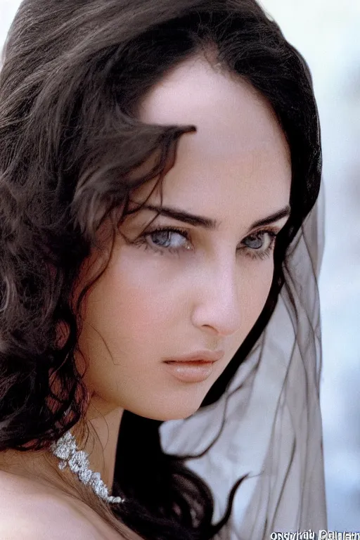 Prompt: young arab Monica Bellucci, blue eyes wearing corrective contact lenses, long wavy black hair, white veil, closeup, focus face, colored, middle eastern