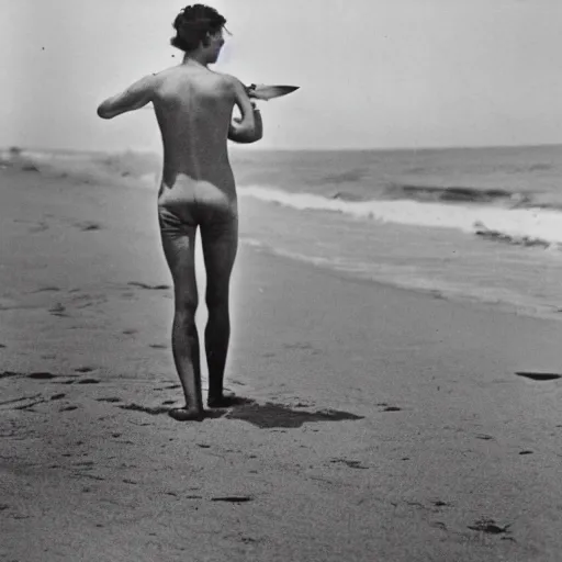 Image similar to a 1 9 2 8 photograph of a shark with human legs walking on the beach