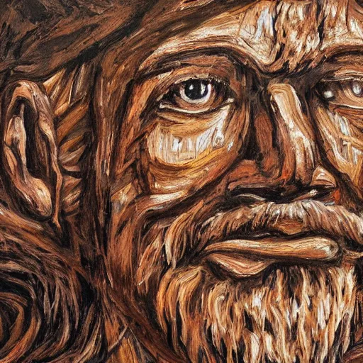 Prompt: A painting of an oak tree, with the face of an old bearded man, close up portrait of a human face made out of bark in a tree