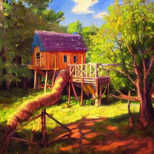 Image similar to treehouse in the countryside on a sunny day, peaceful, dreamy, brush strokes, oil painting