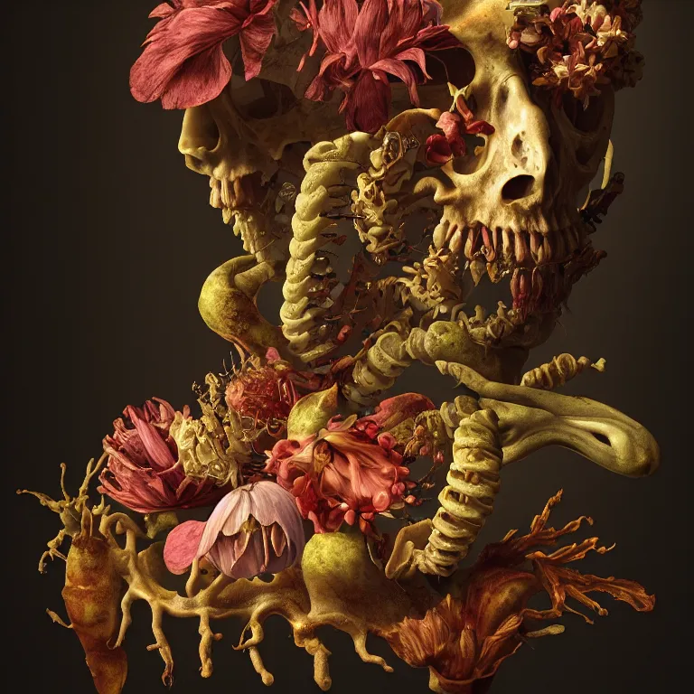 Image similar to still life of rotten flesh, beautiful tropical flowers, human spine, colorful mold, baroque painting, beautiful detailed intricate insanely detailed octane render, 8K artistic photography, photorealistic, chiaroscuro, Raphael, Caravaggio