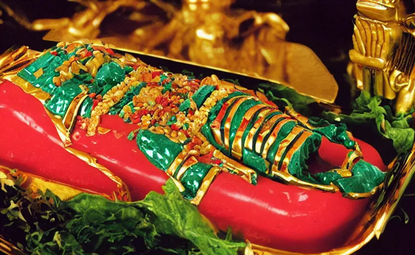 Image similar to king tut, but in jell-o salad, photograph for adweek