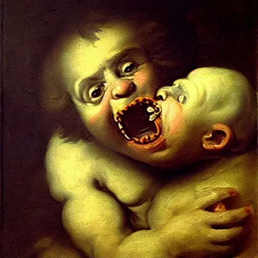 Prompt: a dramatic oil painting of Elmo devouring his son by Francisco Goya