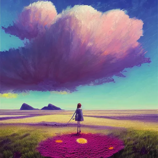 Image similar to giant daisy flower head, girl walking on salt flats mountains, surreal photography, sunrise, dramatic light, impressionist painting, colorful clouds, digital painting, artstation, simon stalenhag