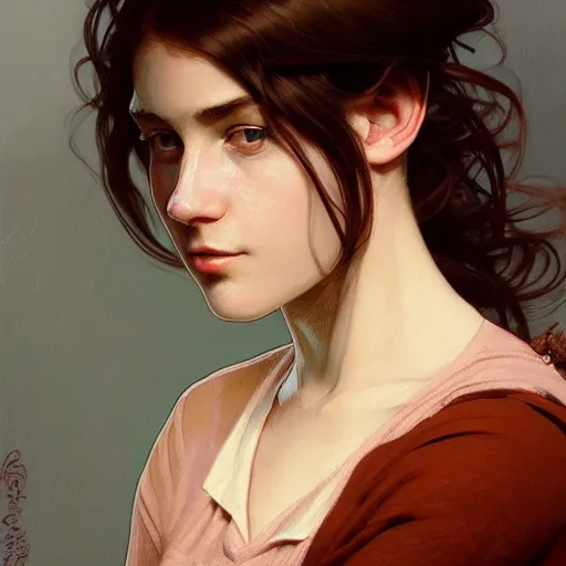 Image similar to portrait of a welsh teenage girl with brown hair, glowing skin, delicate features, amelie poulain, fantasy, intricate, elegant, dress shirt, highly detailed, digital painting, artstation, concept art, smooth, sharp focus, illustration, art by Krenz Cushart and Artem Demura and alphonse mucha